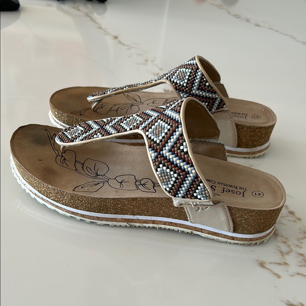 Josef Seibel Brown and Cream Sandals with Intricate Design
